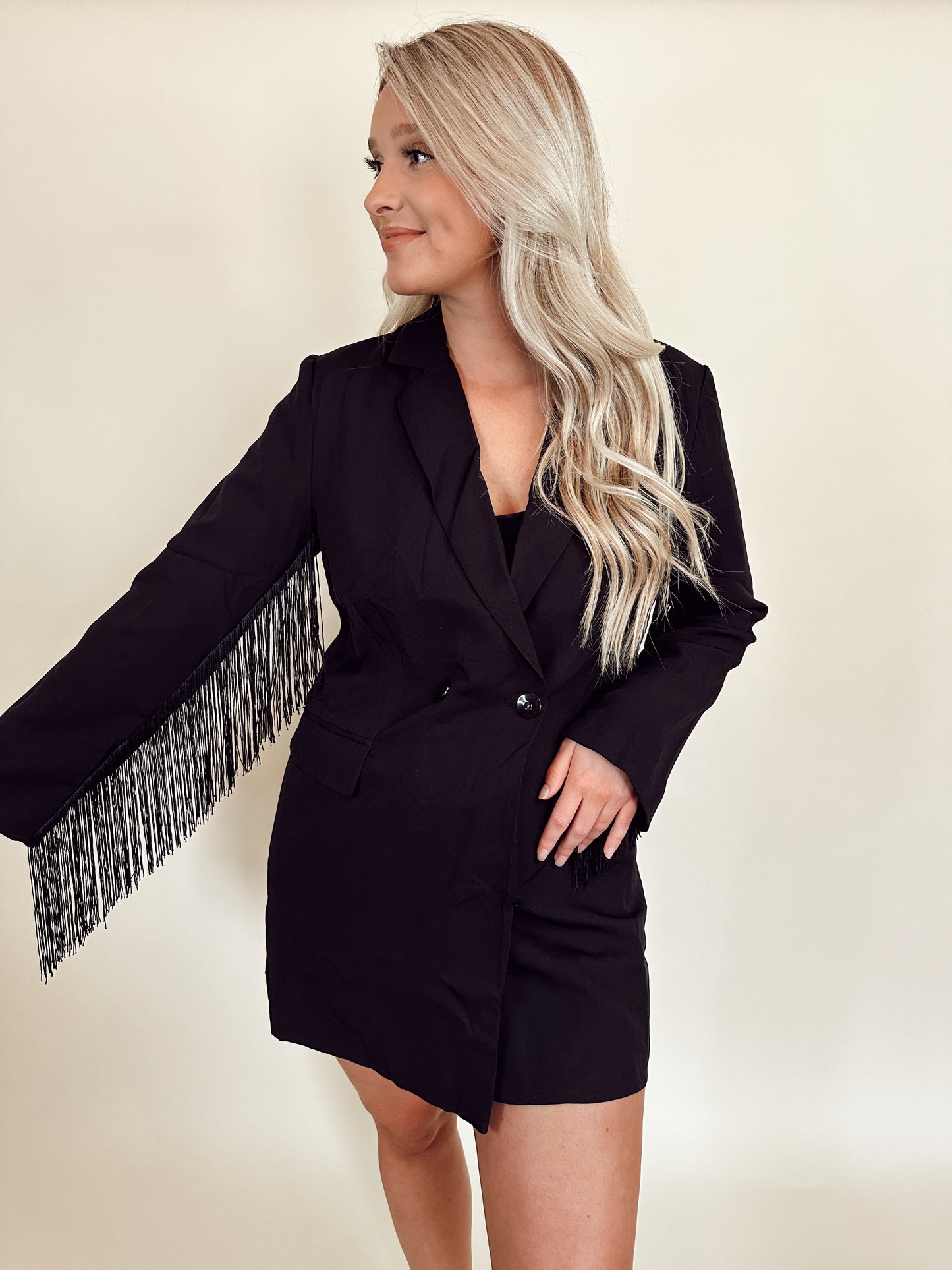 Blazer Dress with Fringe Sleeves-Black